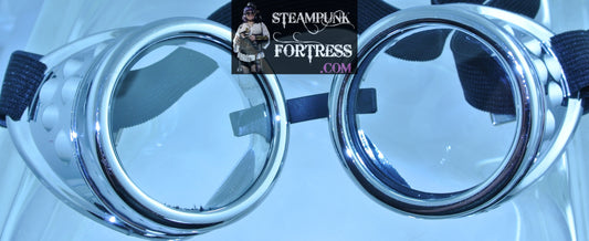 SILVER GOGGLES CLEAR LENS ADJUSTABLE BLACK ELASTIC STRAP COSPLAY COSTUME- MASS PRODUCED