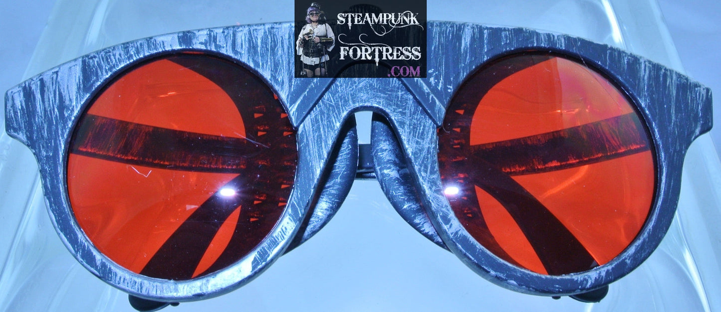 SILVER GREY GRAY WELDING FORGE FLIP UP FOLDING SIDES SAFETY GLASSES STEAMPUNK GOGGLES RED LENSES COSPLAY COSTUME- MASS PRODUCED DUPLICATE