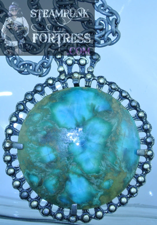 GORGEOUS VINTAGE JUDY LEE SIGNED SUPER RARE CHRYSOCOLLA GEMSTONE SILVER TONE NECKLACE - MASS PRODUCED