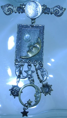 SILVER MOON HALF MOON STARS SUN DANGLES DROP PIN BROOCH VINTAGE STARR WILDE STEAMPUNK FORTRESS