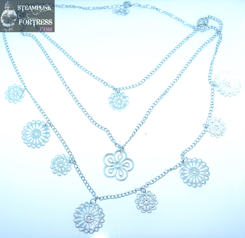 SILVER TONE 3 STRAND FLOWERS DAISY ABSTRACT LAYERED NECKLACE LIGHTWEIGHT