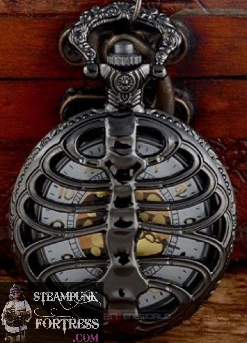 GUNMETAL BLACK RIBS RIBCAGE RIB CAGE SKELETON WORKING POCKETWATCH POCKET WATCH WITH CHAIN AND CLASP - MASS PRODUCED