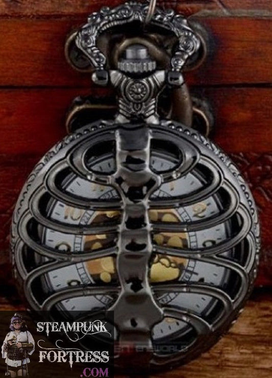 GUNMETAL BLACK RIBS RIBCAGE RIB CAGE SKELETON WORKING POCKETWATCH POCKET WATCH WITH CHAIN AND CLASP - MASS PRODUCED DUPLICATE