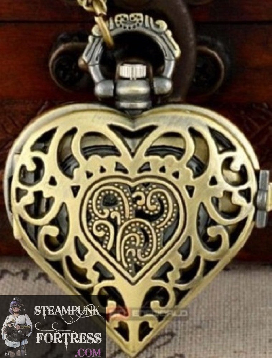 BRASS HEART SHAPED WORKING POCKETWATCH POCKET WATCH WITH CHAIN AND CLASP - MASS PRODUCED