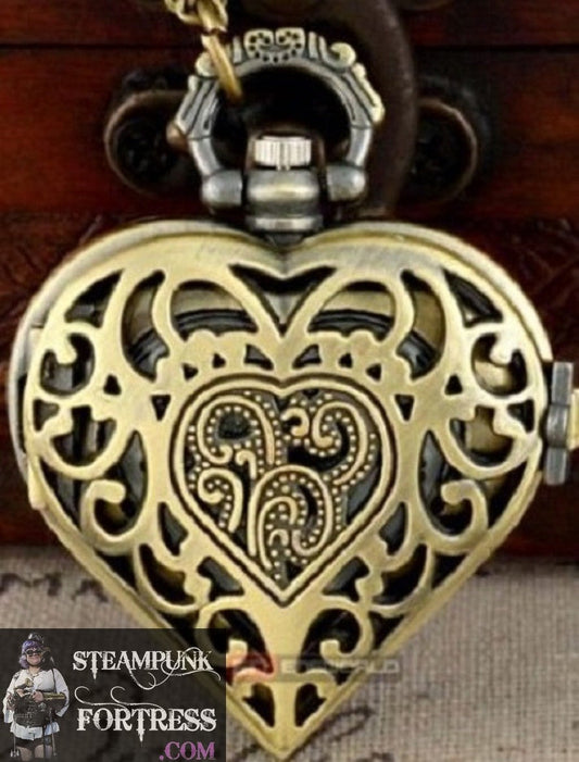 BRASS HEART SHAPED WORKING POCKETWATCH POCKET WATCH WITH CHAIN AND CLASP - MASS PRODUCED DUPLICATE