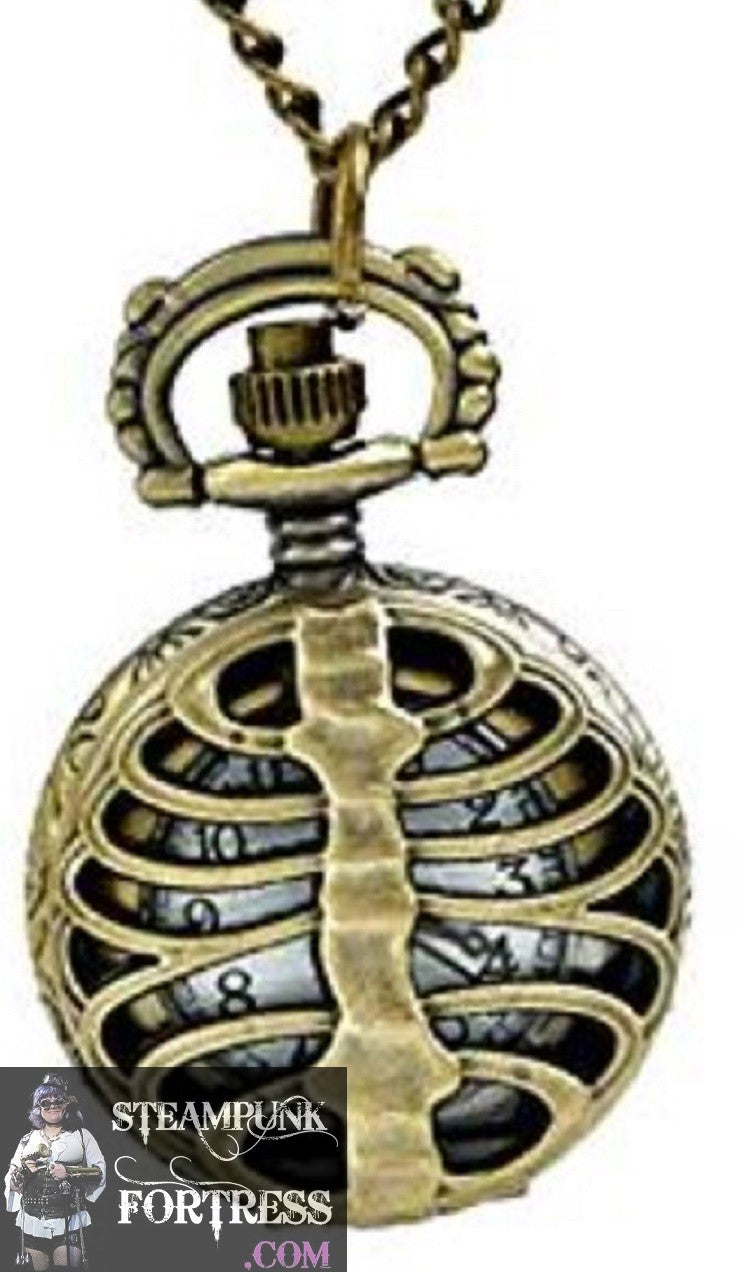 BRASS RIBS RIBCAGE RIB CAGE SKELETON EXTRA SMALL WORKING POCKETWATCH POCKET WATCH WITH CHAIN AND CLASP - MASS PRODUCED