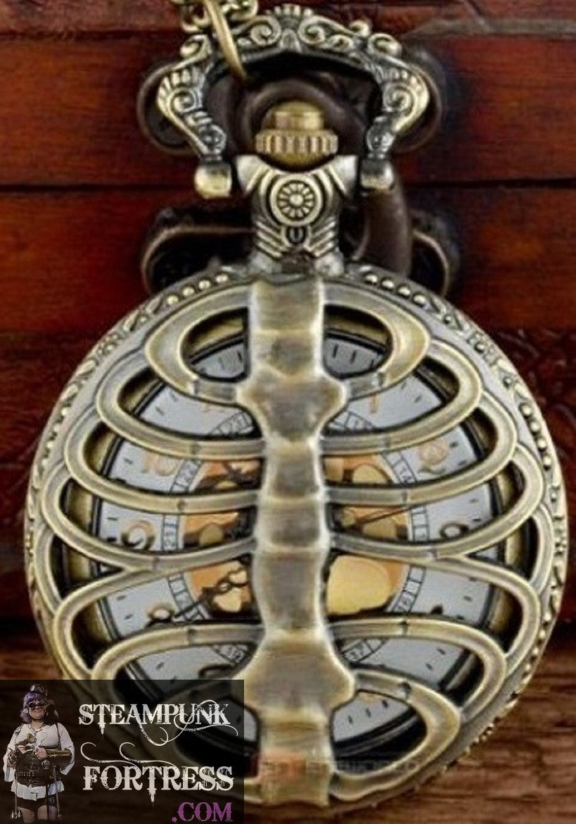 BRASS RIBS RIBCAGE RIB CAGE SKELETON WORKING POCKETWATCH POCKET WATCH WITH CHAIN AND CLASP - MASS PRODUCED DUPLICATE