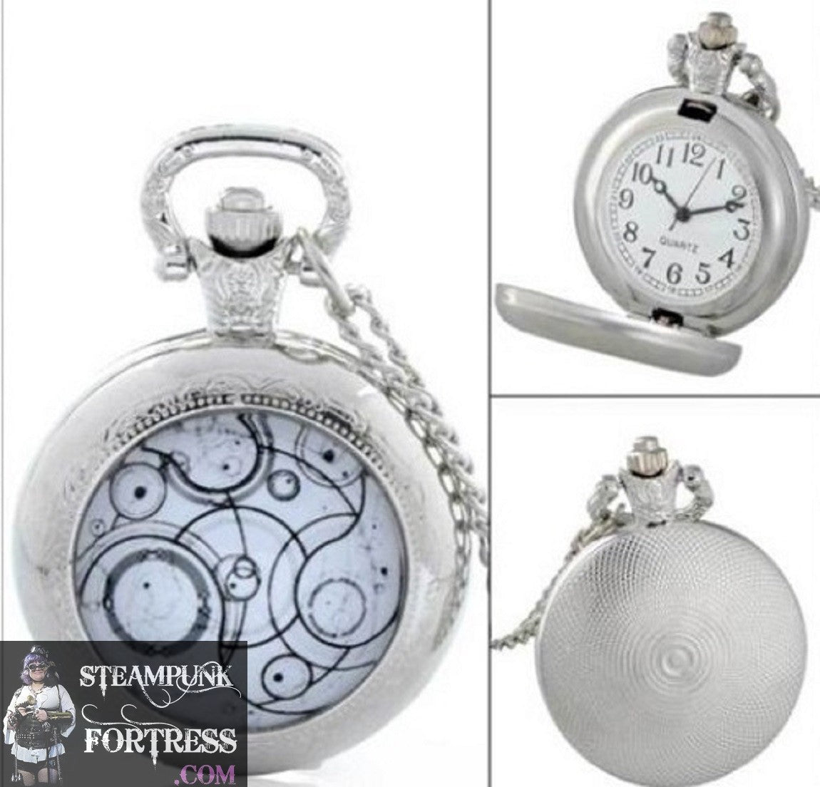 SILVER DOCTOR DR WHO HOME PLANET GALLIFREY WHITE DRAWING STYLE WATCH SMALL WORKING POCKETWATCH POCKET WATCH WITH CHAIN AND CLASP - MASS PRODUCED