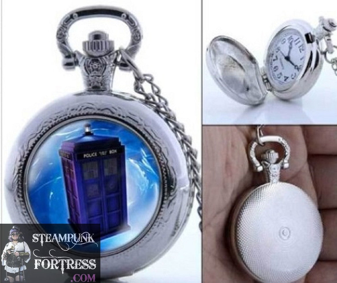 SILVER DOCTOR DR WHO TARDIS WATCH SMALL WORKING POCKETWATCH POCKET WATCH WITH CHAIN AND CLASP - MASS PRODUCED