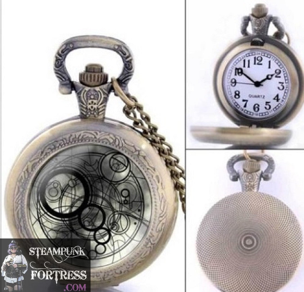 BRASS DOCTOR DR WHO HOME PLANET GALLIFREY WHITE WATCH SMALL WORKING POCKETWATCH POCKET WATCH WITH CHAIN AND CLASP - MASS PRODUCED