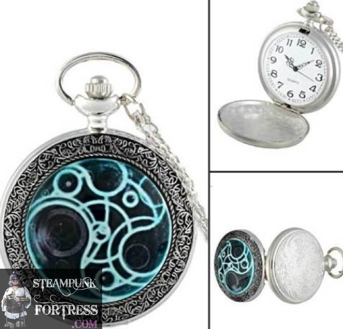 SILVER BLUE DOCTOR DR WHO GALLIFREY HOME PLANET WORKING POCKETWATCH POCKET WATCH WITH CHAIN AND CLASP - MASS PRODUCED