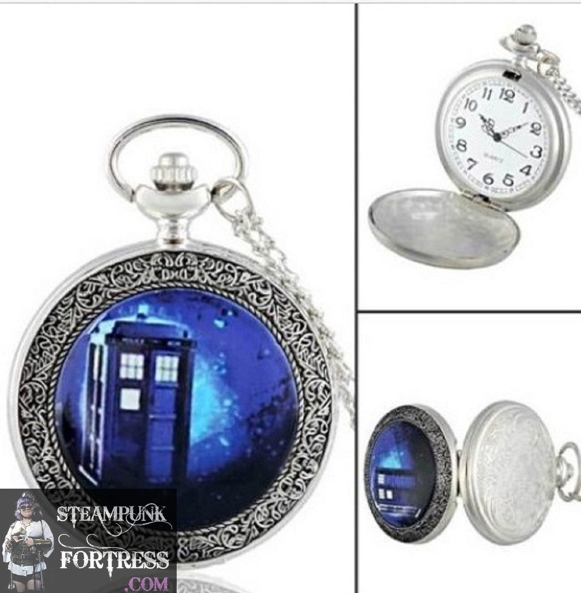 SILVER DOCTOR DR WHO TARDIS WATCH LARGE WORKING POCKETWATCH POCKET WATCH WITH CHAIN AND CLASP - MASS PRODUCED