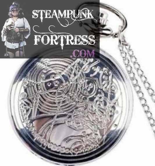 SILVER ETCHED DOCTOR DR WHO GALLIFREY HOME PLANET WORKING POCKETWATCH POCKET WATCH WITH CHAIN AND CLASP - MASS PRODUCED
