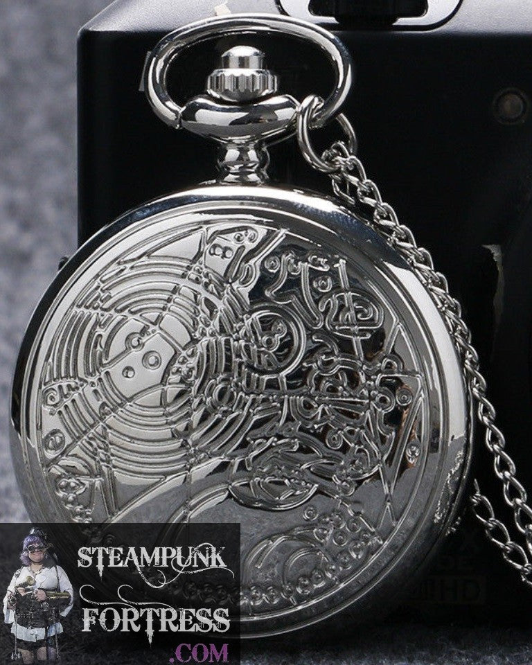 GUNMETAL BLACK DOCTOR DR WHO GALLIFREY HOME PLANET WORKING POCKETWATCH POCKET WATCH WITH CHAIN AND CLASP - MASS PRODUCED