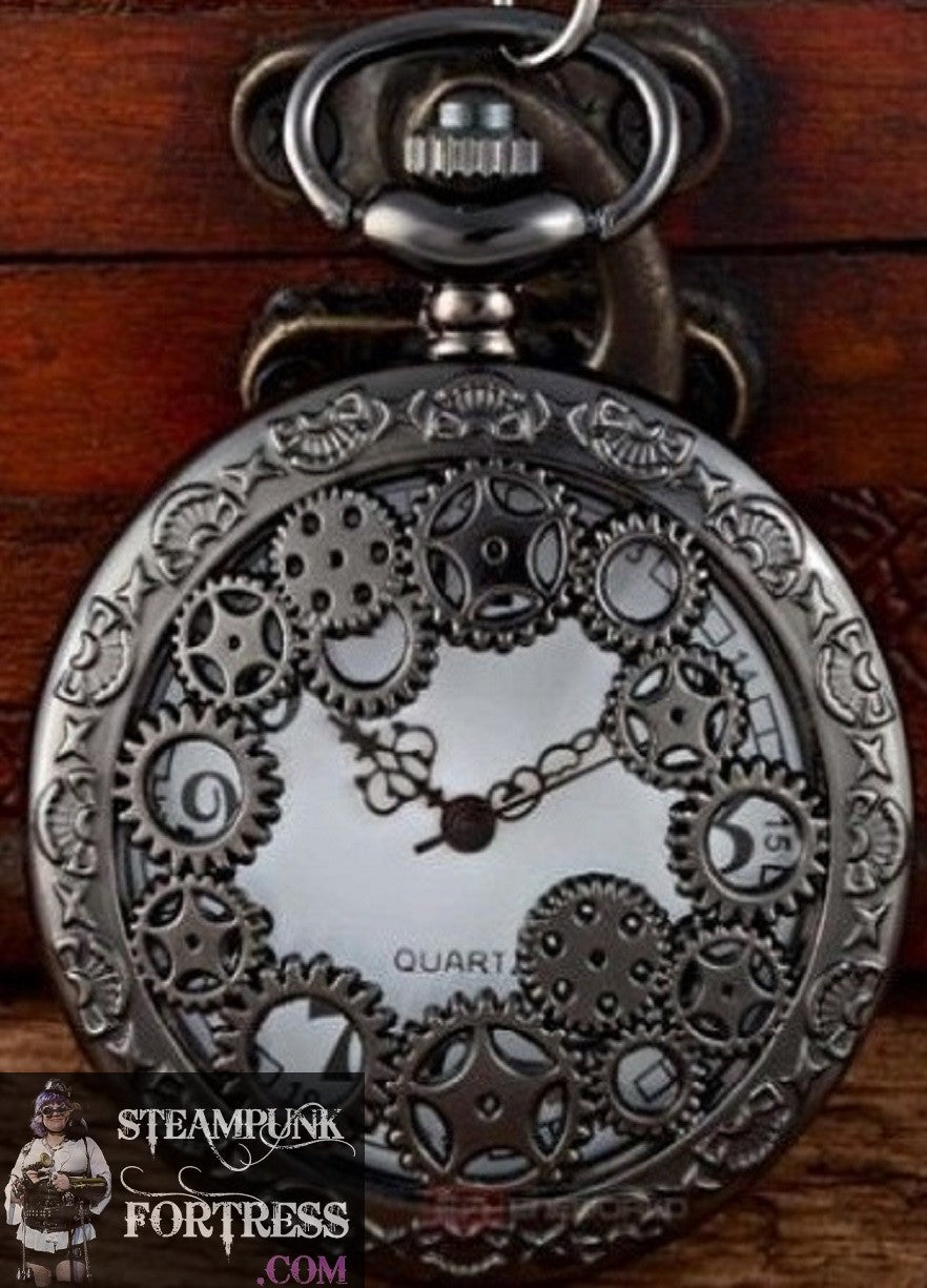 GUNMETAL BLACK GEARS WORKING POCKETWATCH POCKET WATCH WITH CHAIN AND CLASP - MASS PRODUCED