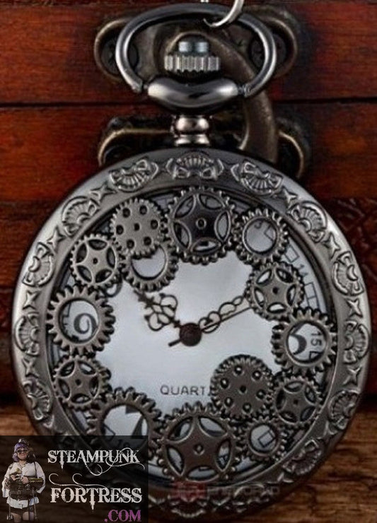 GUNMETAL BLACK GEARS WORKING POCKETWATCH POCKET WATCH WITH CHAIN AND CLASP - MASS PRODUCED DUPLICATE
