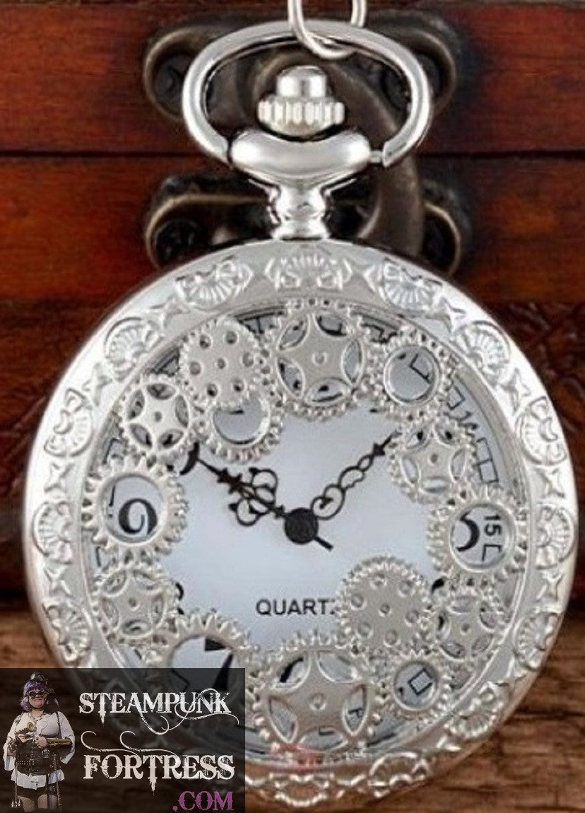 SILVER GEARS WORKING POCKETWATCH POCKET WATCH WITH CHAIN AND CLASP - MASS PRODUCED DUPLICATE