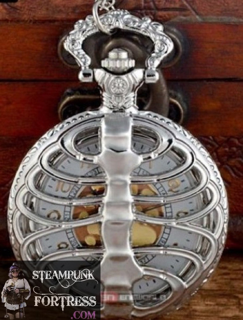 SILVER RIBS RIBCAGE RIB CAGE SKELETON WORKING POCKETWATCH POCKET WATCH WITH CHAIN AND CLASP - MASS PRODUCED