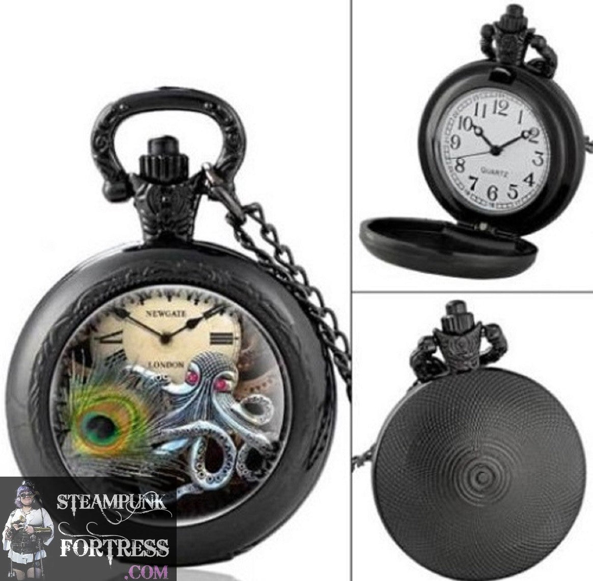 GUNMETAL BLACK PEACOCK FEATHER OCTOPUS CLOCK WATCH FACE DIAL SMALL WORKING POCKETWATCH POCKET WATCH WITH CHAIN AND CLASP - MASS PRODUCED
