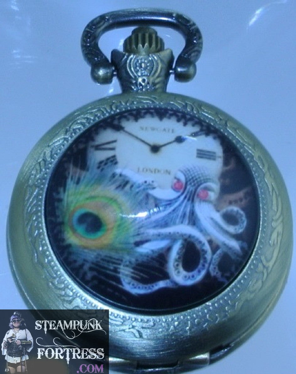 BRASS PEACOCK FEATHER OCTOPUS CLOCK WATCH FACE DIAL SMALL WORKING POCKETWATCH POCKET WATCH WITH CHAIN AND CLASP - MASS PRODUCED