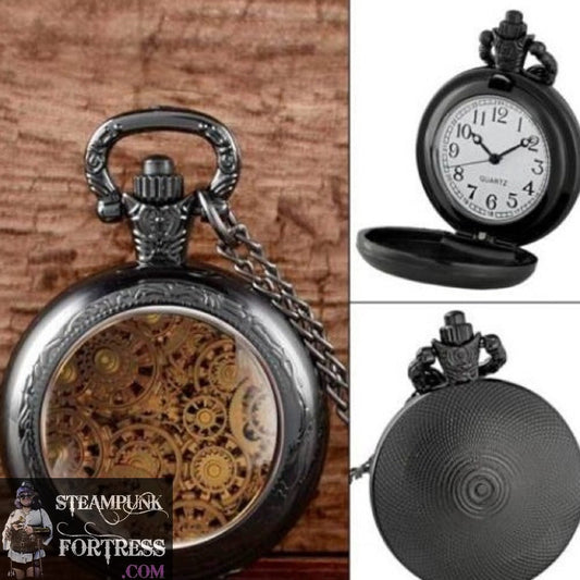 GUNMETAL BLACK BEIGE TAN GEARS SMALL WORKING POCKETWATCH POCKET WATCH WITH CHAIN AND CLASP - MASS PRODUCED
