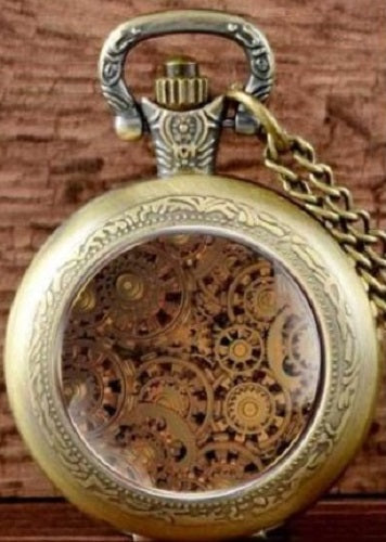 BRASS BEIGE TAN GEARS SMALL WORKING POCKETWATCH POCKET WATCH WITH CHAIN AND CLASP - MASS PRODUCED