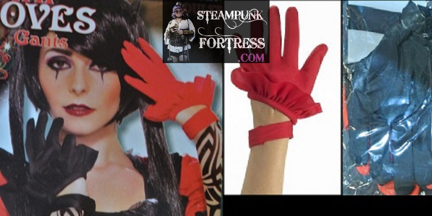RED BLACK MISMATCHED GLOVES WRIST LENGTH HARLEY QUINN CARNIVAL 80S COSPLAY COSTUME HALLOWEEN- MASS PRODUCED