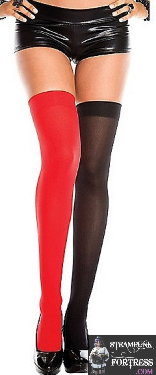 RED BLACK MISMATCH HARLEY QUINN OVER THE KNEE SHEER MISMATCHED THIGH HIGHS HIS TIGHTS NYLONS HOSIERY STOCKINGS ONE SIZE FITS MOST HALLOWEEN COSPLAY COSTUME - NEW - MASS PRODUCED