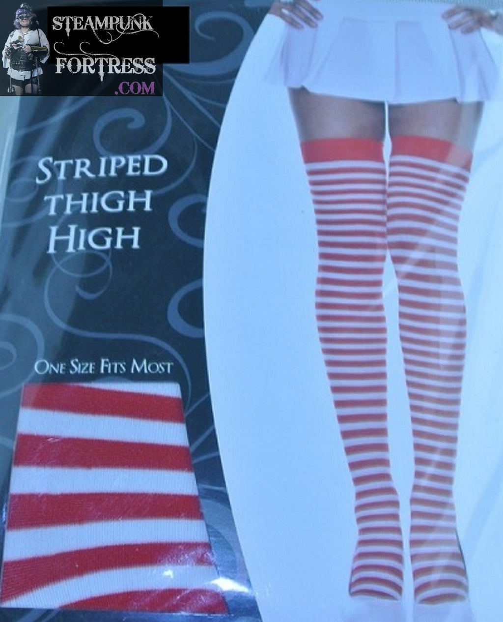 RED WHITE STRIPED STRIPES THIGH HIGHS PIRATE 80S COSPLAY COSTUME HALLOWEEN- MASS PRODUCED
