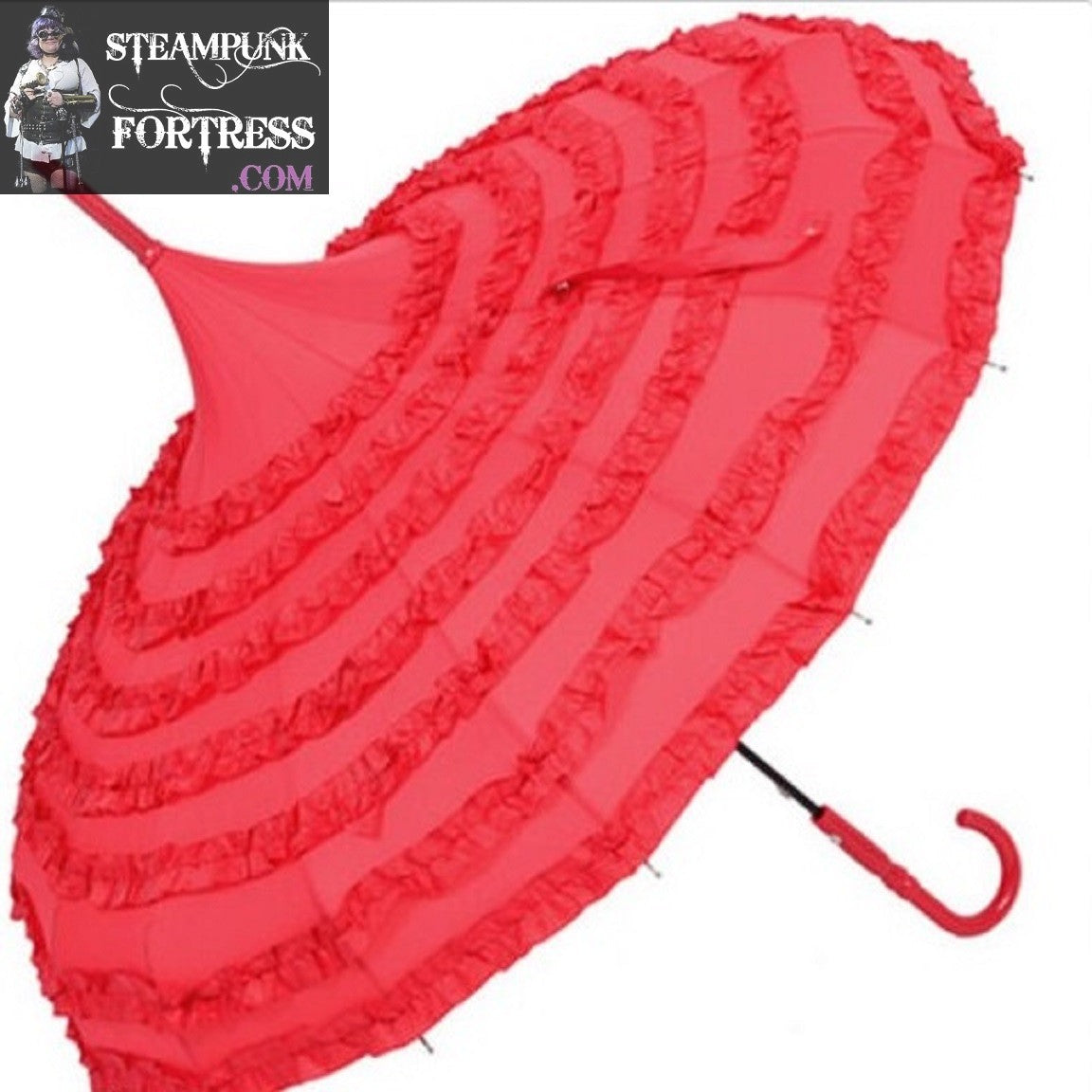RED BASE ROWS OF RED RUFFLES STEAMPUNK UMBRELLA PARASOL PAGODA VICTORIAN EDWARDIAN GOTHIC WEDDING COSPLAY COSTUME- MASS PRODUCED