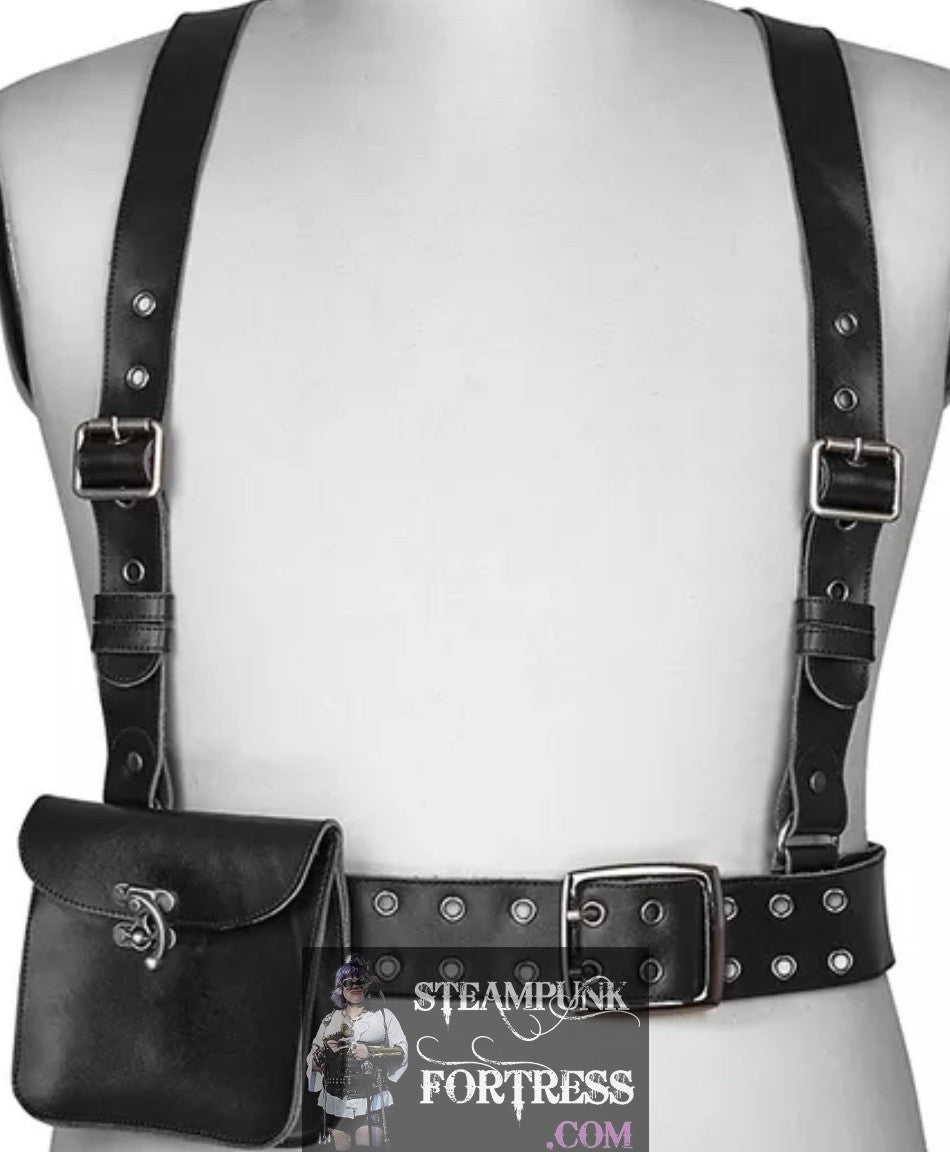 BLACK SILVER STUDS SHOULDER HARNESS WITH BAG STEAMPUNK FAUX LEATHER ADJUSTABLE COSPLAY COSTUME HALLOWEEN