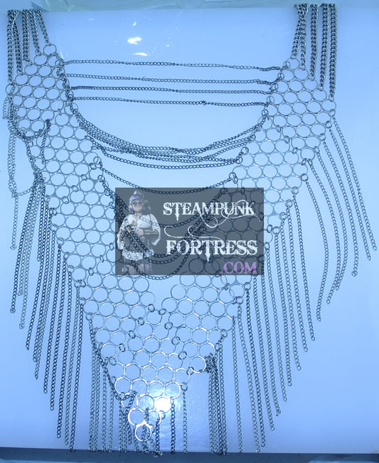 SILVER V MESH TASSELS CHAINS MAILLE NECKLACE VINTAGE BIB