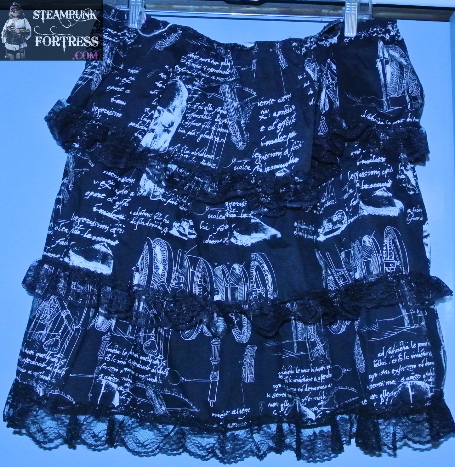 BLACK DA VINCI CREATIONS WHITE STEAMPUNK SKIRT BLACK LACE RUCHED RUFFLES ONE SIZE **DISCONTINUED** MASS PRODUCED