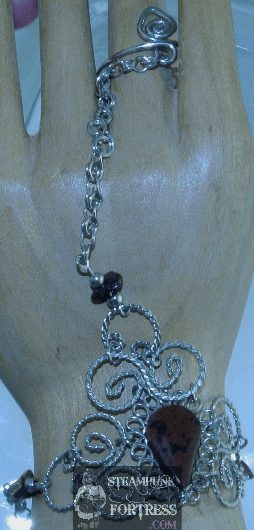 SILVER SLAVE BRACELET MAHOGANY OBSIDIAN GEMSTONES CHIPS BRACELET ADJUSTABLE RING STARR WILDE STEAMPUNK FORTRESS