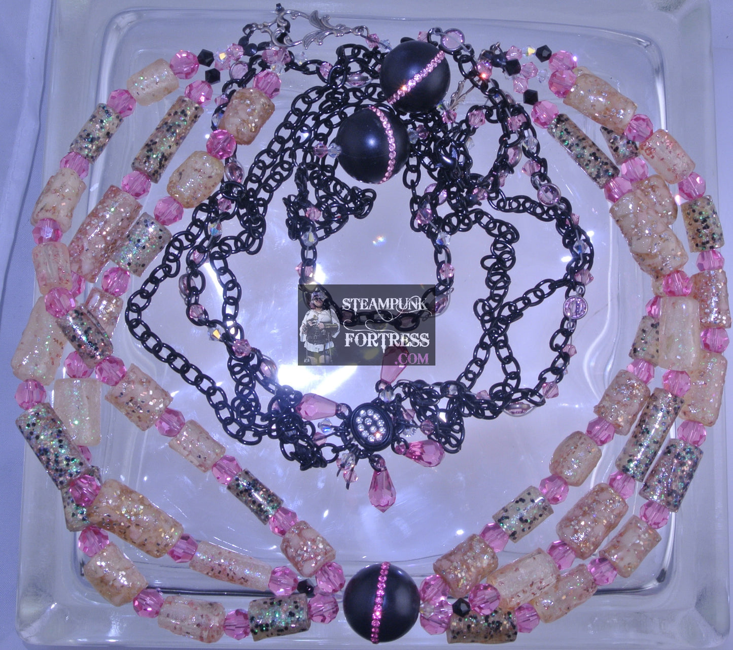 BLACK PINK SWAROVSKI CRYSTALS GLOW IN THE DARK PUDDLE BEADS BLACKSTONE GEMSTONES STARR WILDE STEAMPUNK FORTRESS MULTIPLE CHOICE NECKLACE 2 NECKLACES OR 1 NECKLACE 1 BRACELET MULTI FUNCTION VERSATILE