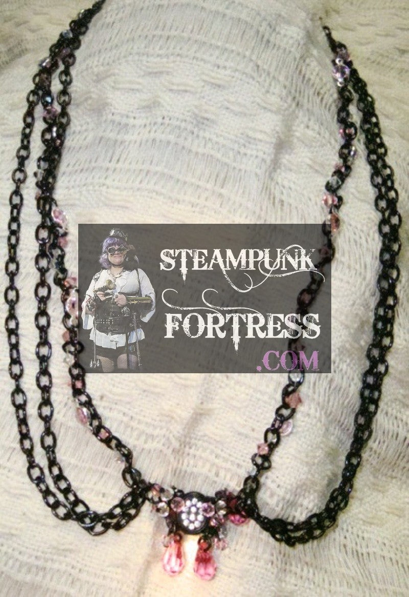 BLACK PINK SWAROVSKI CRYSTALS GLOW IN THE DARK PUDDLE BEADS BLACKSTONE GEMSTONES STARR WILDE STEAMPUNK FORTRESS MULTIPLE CHOICE NECKLACE 2 NECKLACES OR 1 NECKLACE 1 BRACELET MULTI FUNCTION VERSATILE