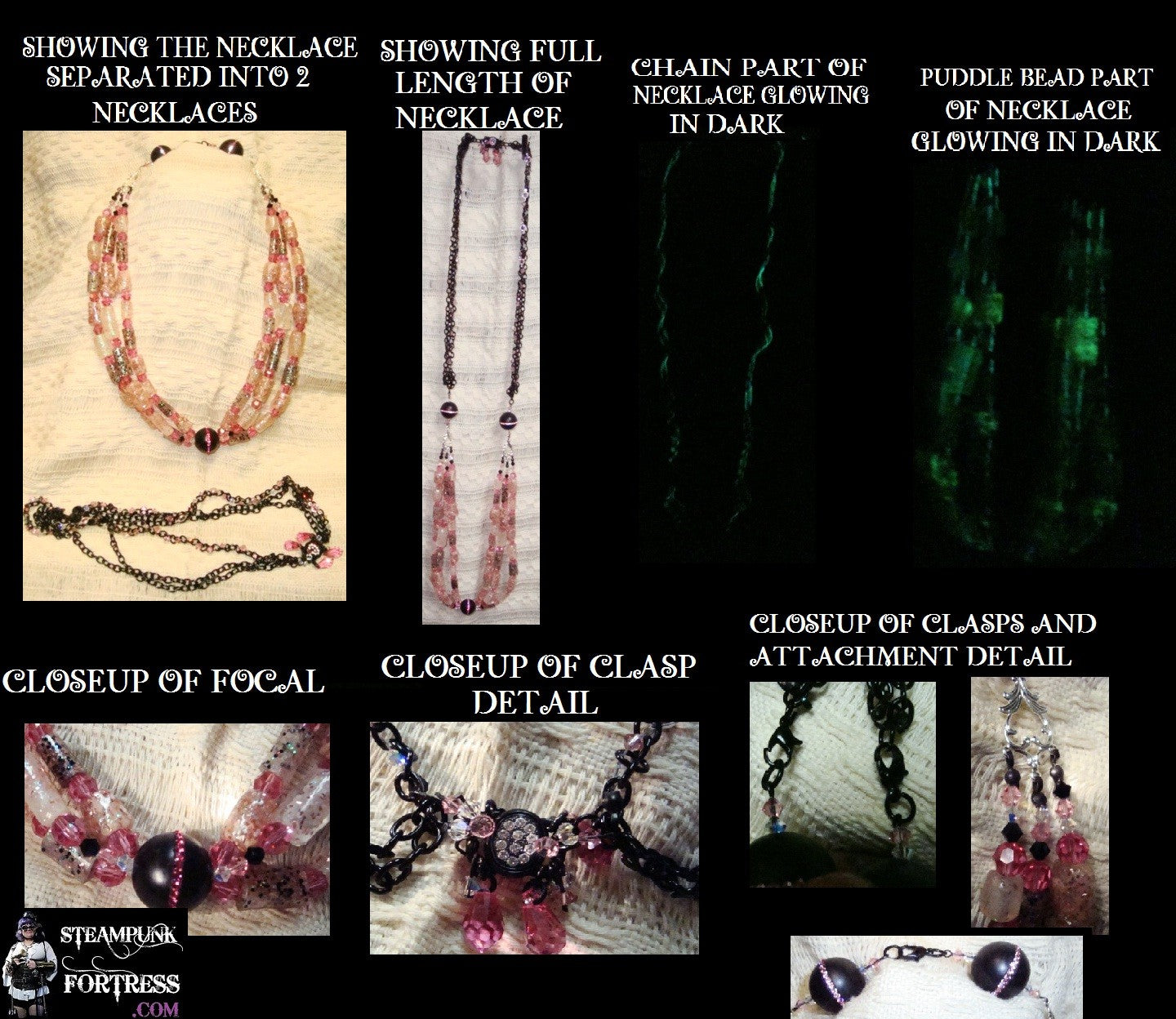 BLACK PINK SWAROVSKI CRYSTALS GLOW IN THE DARK PUDDLE BEADS BLACKSTONE GEMSTONES STARR WILDE STEAMPUNK FORTRESS MULTIPLE CHOICE NECKLACE 2 NECKLACES OR 1 NECKLACE 1 BRACELET MULTI FUNCTION VERSATILE