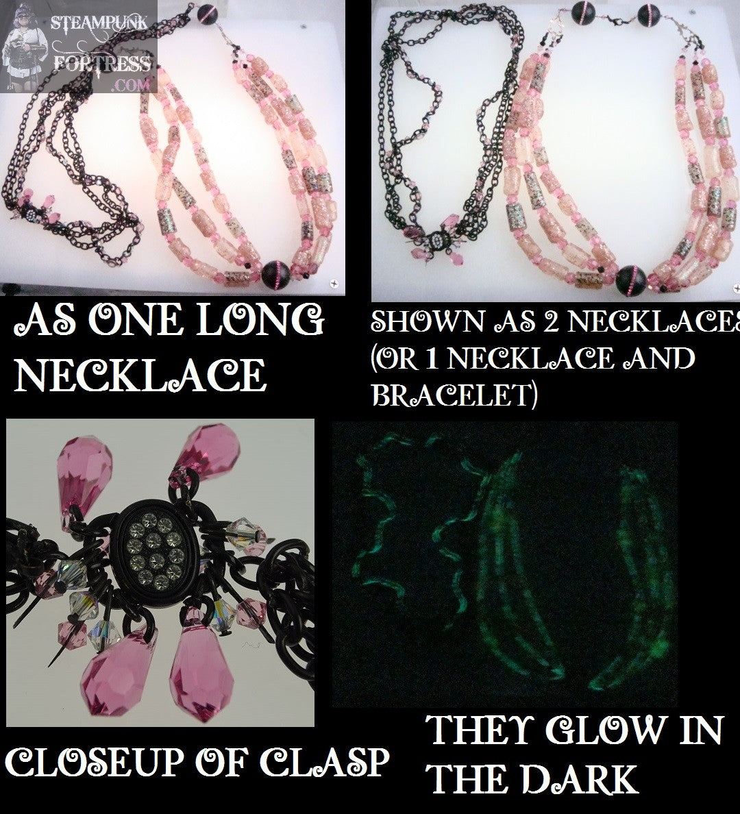 BLACK PINK SWAROVSKI CRYSTALS GLOW IN THE DARK PUDDLE BEADS BLACKSTONE GEMSTONES STARR WILDE STEAMPUNK FORTRESS MULTIPLE CHOICE NECKLACE 2 NECKLACES OR 1 NECKLACE 1 BRACELET MULTI FUNCTION VERSATILE