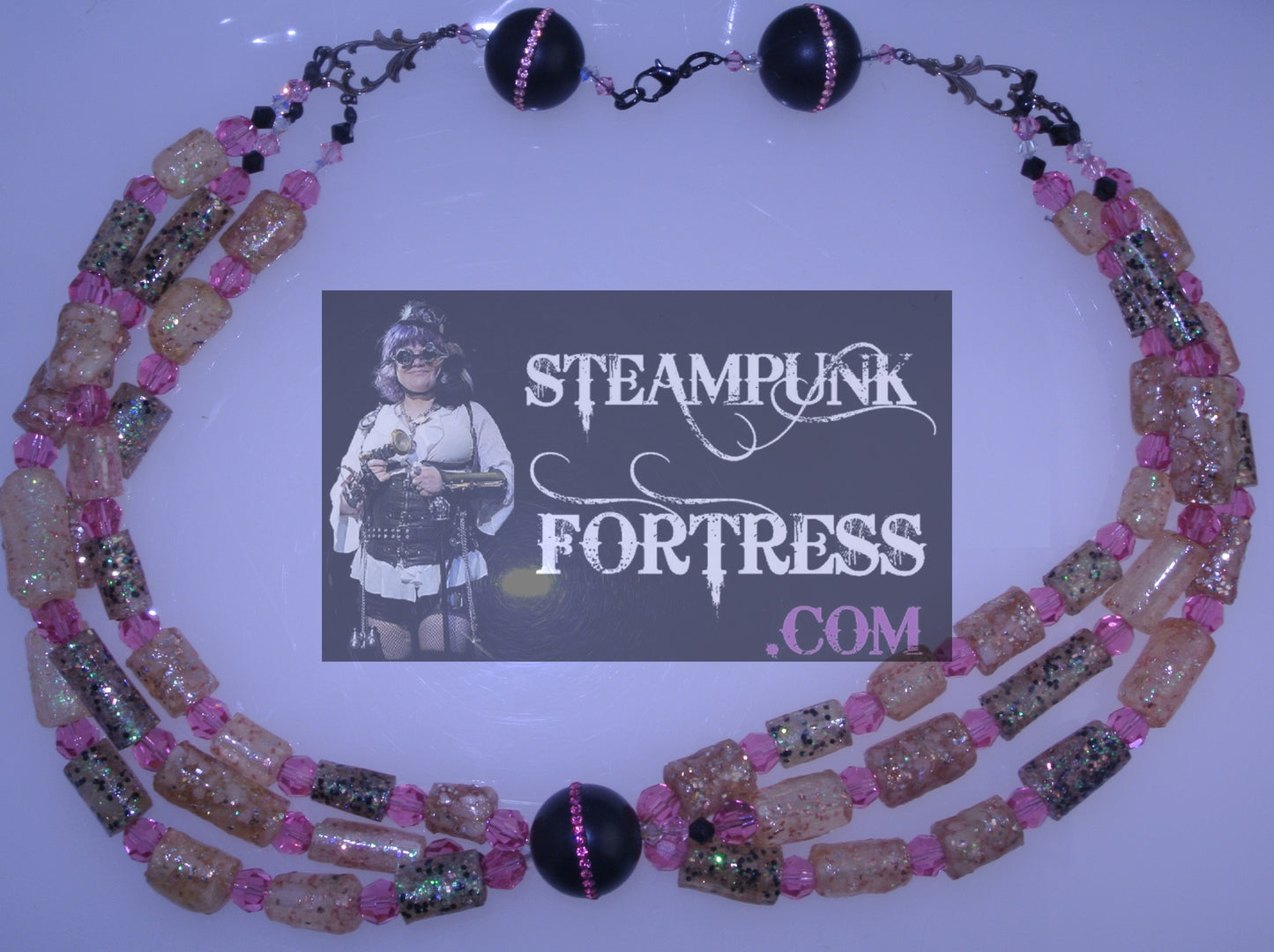 BLACK PINK SWAROVSKI CRYSTALS GLOW IN THE DARK PUDDLE BEADS BLACKSTONE GEMSTONES STARR WILDE STEAMPUNK FORTRESS MULTIPLE CHOICE NECKLACE 2 NECKLACES OR 1 NECKLACE 1 BRACELET MULTI FUNCTION VERSATILE