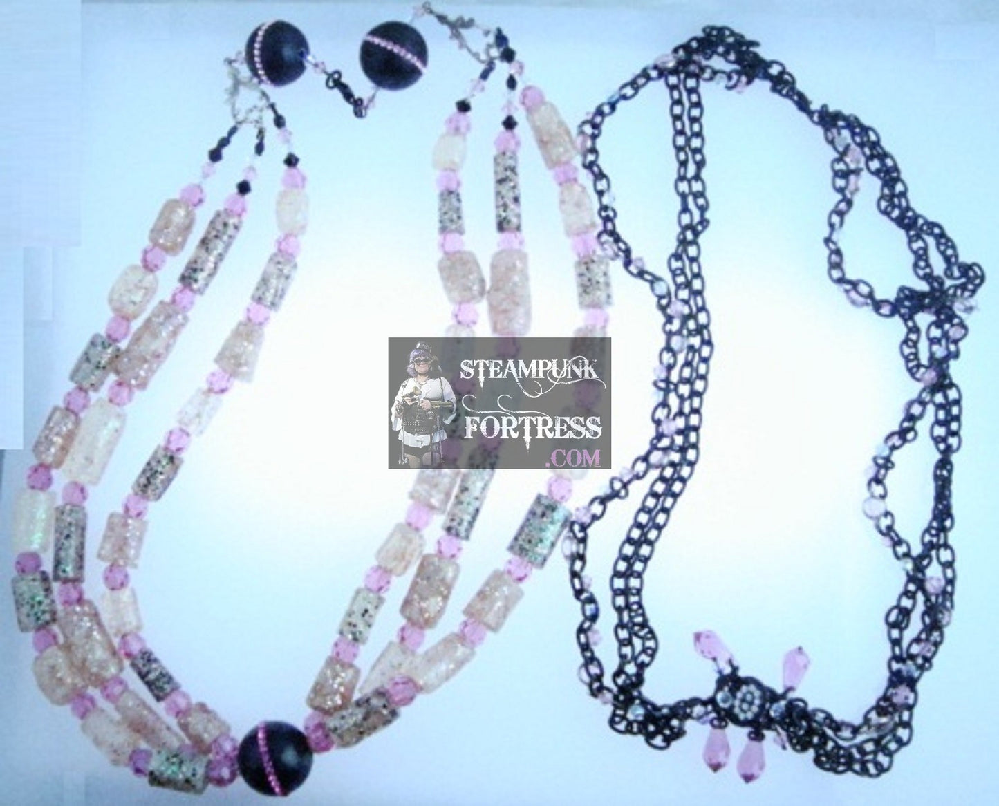 BLACK PINK SWAROVSKI CRYSTALS GLOW IN THE DARK PUDDLE BEADS BLACKSTONE GEMSTONES STARR WILDE STEAMPUNK FORTRESS MULTIPLE CHOICE NECKLACE 2 NECKLACES OR 1 NECKLACE 1 BRACELET MULTI FUNCTION VERSATILE