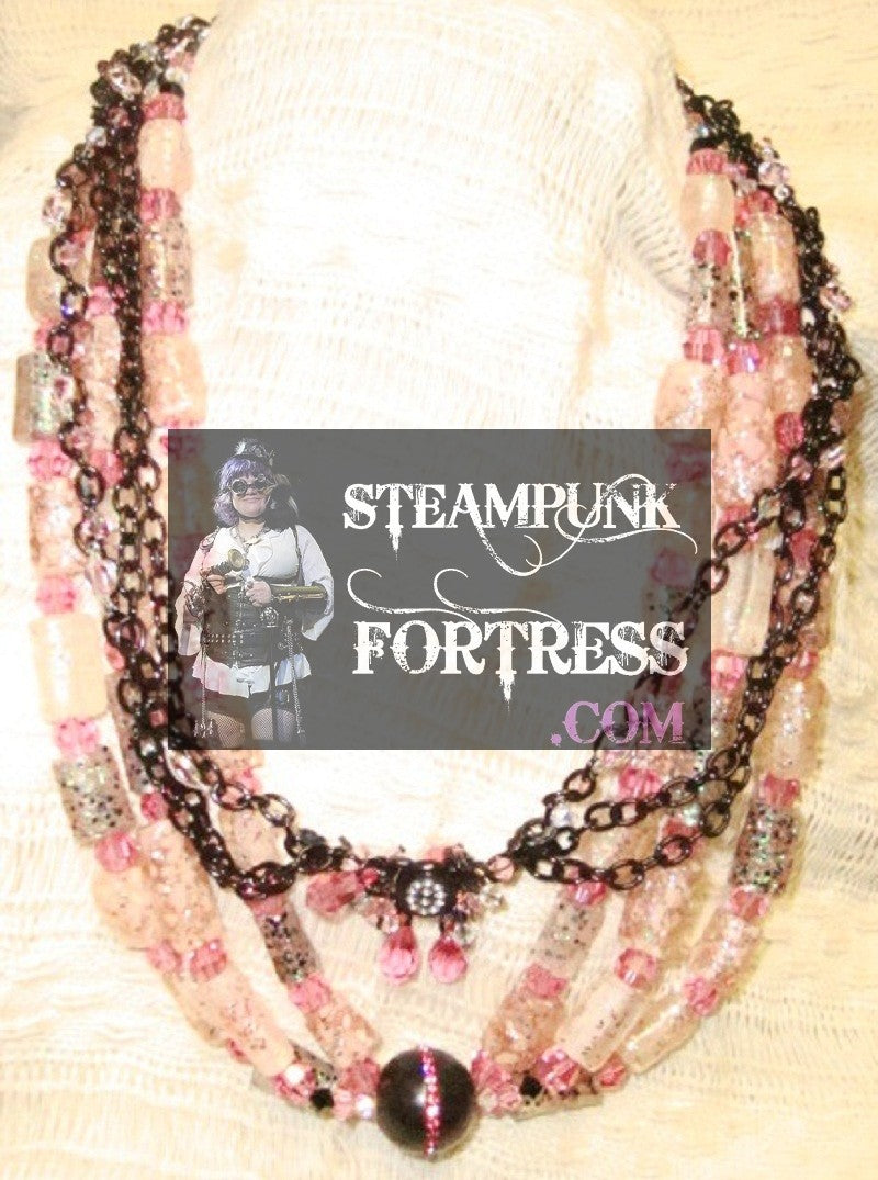 BLACK PINK SWAROVSKI CRYSTALS GLOW IN THE DARK PUDDLE BEADS BLACKSTONE GEMSTONES STARR WILDE STEAMPUNK FORTRESS MULTIPLE CHOICE NECKLACE 2 NECKLACES OR 1 NECKLACE 1 BRACELET MULTI FUNCTION VERSATILE