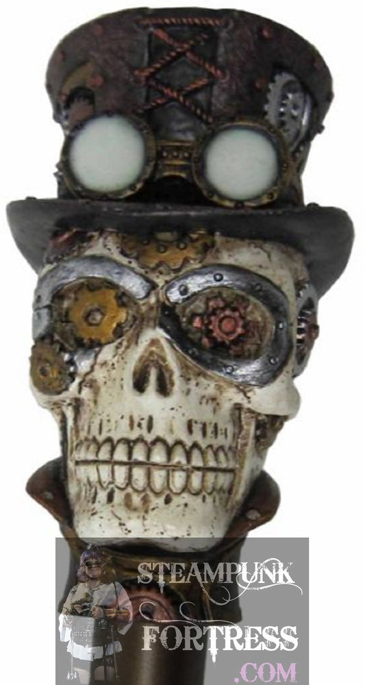 BROWN TOP HAT CERAMIC SKULL GOGGLES GEARS SKULL SKELETON STEAMPUNK BRASS BRONZE METAL CANE **DISCONTINUED** MASS PRODUCED