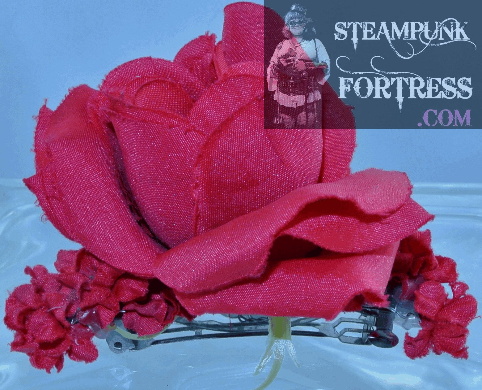 BARRETTE SILVER ROSE RED SMALL FLOWERS HAIR CLIP STARR WILDE STEAMPUNK FORTRESS