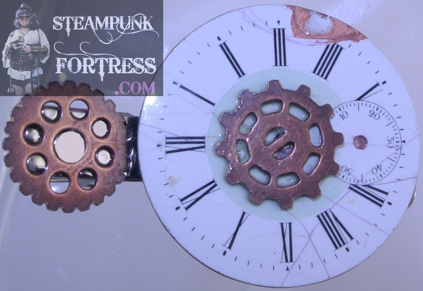 BARRETTE SILVER CLOCK FACE WATCH DIAL PORCELAIN 2 COPPER GEARS AUTHENTIC GENUINE PARTS HAIR CLIP STARR WILDE STEAMPUNK FORTRESS