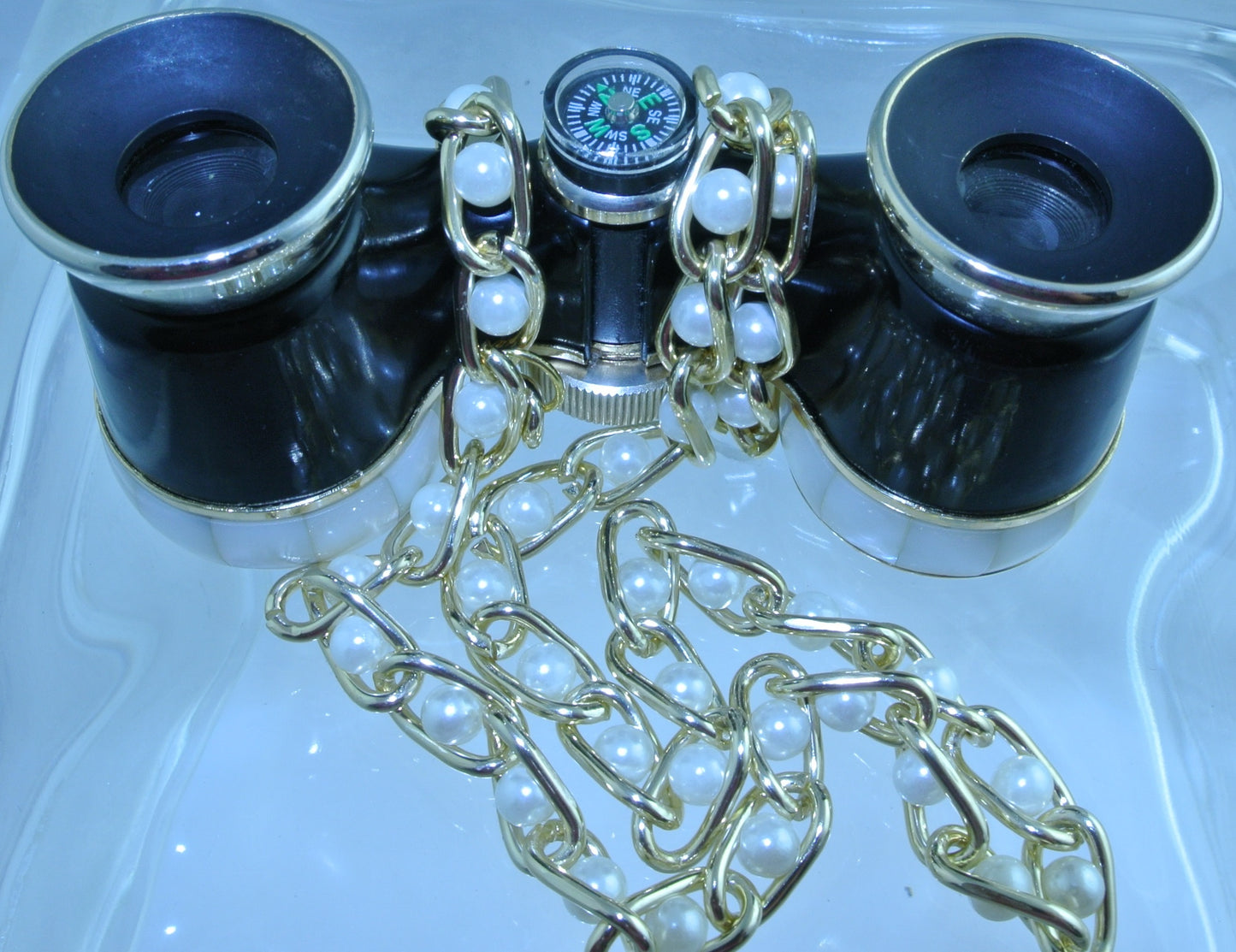 VINTAGE BLACK ABALONE MOTHER OF PEARL MOP SELSI COMPASS GOLD PEARL CHAIN BINOCULARS OPERA GLASSES STARR WILDE STEAMPUNK FORTRESS