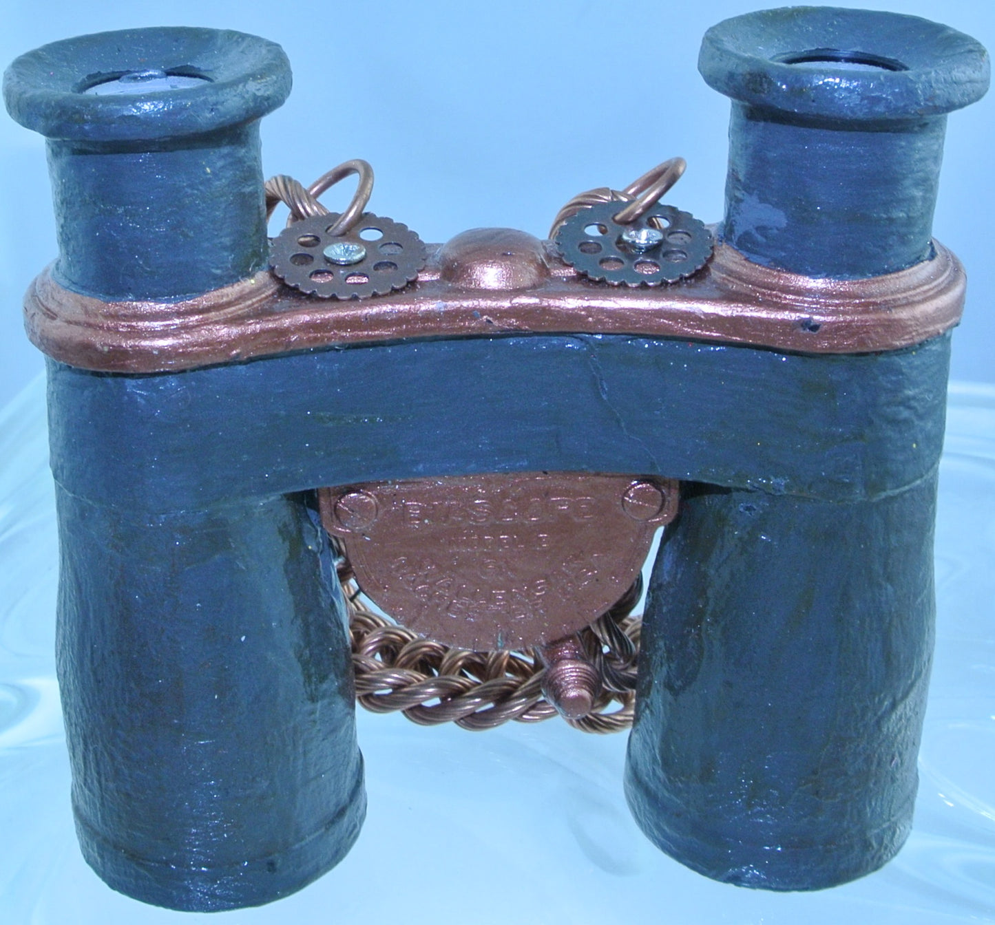 VINTAGE IRON PAINTED COPPER TRIM 1920S BAKELITE HEAVY COPPER CHAIN BINOCULARS OPERA GLASSES STARR WILDE STEAMPUNK FORTRESS