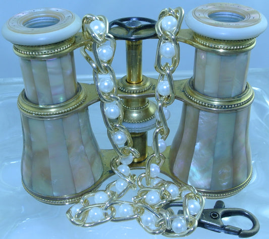 VINTAGE MOTHER OF PEARL MOP ABALONE LEMAIRE DOUBLE WALLED BINOCULARS BRASS SPOKE WATCH CLOCK GEAR GOLD PEARL CHAIN CLASP OPERA GLASSES STARR WILDE STEAMPUNK FORTRESS