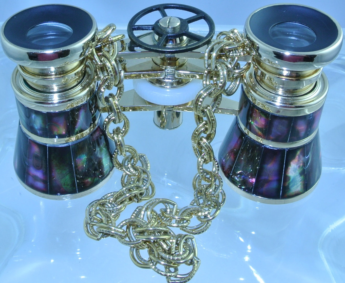 VINTAGE ABALONE PURPLE GOLD MOTHER OF PEARL MOP TRIM CHAIN BRASS WATCH CLOCK GEAR BINOCULARS OPERA GLASSES STARR WILDE STEAMPUNK FORTRESS