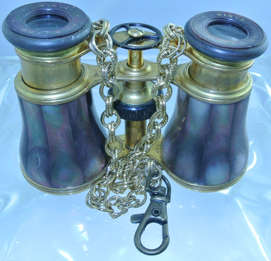 *RARE* VINTAGE ABALONE LEMAIRE PURPLE MOTHER OF PEARL MOP BRASS 3 ARM WATCH CLOCK GEAR GOLD HAMMERED CHAIN CLASP BINOCULARS OPERA GLASSES STARR WILDE STEAMPUNK FORTRESS