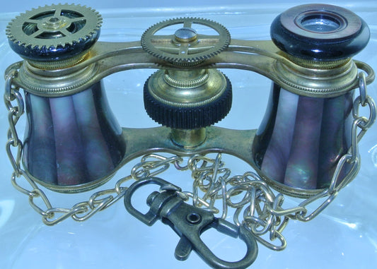 *RARE* VINTAGE ABALONE PURPLE MOTHER OF PEARL MOP SHORT SMALLER 2 BRASS GENUINE WATCH CLOCK GEARS GOLD HAMMERED DOUBLE CHAIN CLASP BINOCULARS OPERA GLASSES STARR WILDE STEAMPUNK FORTRESS